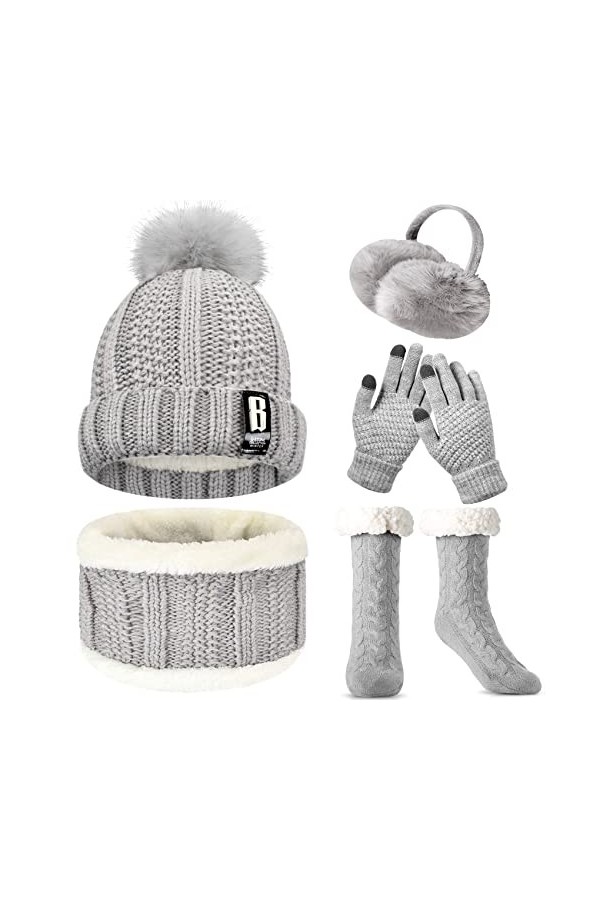 WEASIC Packs Bonnet, écharpe Et Gants Femme Ensemble Bonnet Echarpe Femme Chaussettes Antidérapantes Chaudes Thermiques Femme