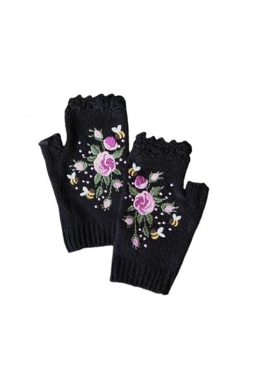 Gants chauds brodés, Hand Embroidered Gloves, Gants Brodés à La Main, Gants Tricotés Pour Femmes Brodés, Mitaines Sans Doigts