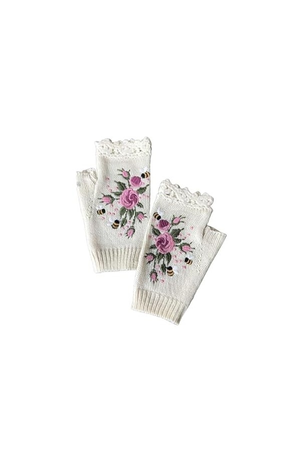 Gants chauds brodés, Hand Embroidered Gloves, Gants Brodés à La Main, Gants Tricotés Pour Femmes Brodés, Mitaines Sans Doigts