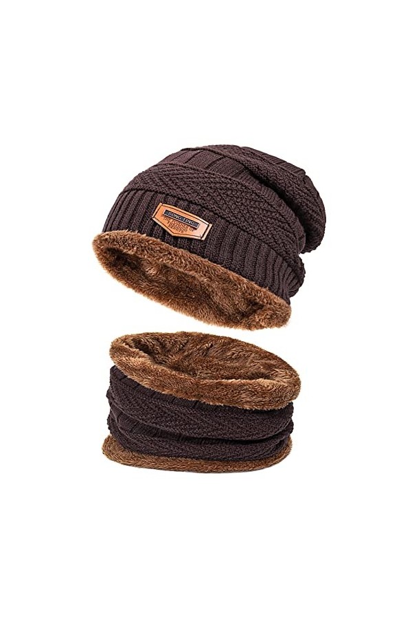 Ensemble bonnet et écharpe dhiver, bonnet chaud doublé en polaire, bonnet cache-cou, bonnet épais en tricot pour homme et fe