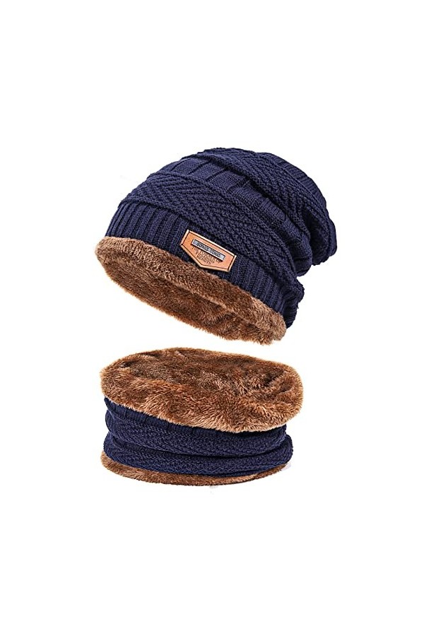 Ensemble bonnet et écharpe dhiver, bonnet chaud doublé en polaire, bonnet cache-cou, bonnet épais en tricot pour homme et fe