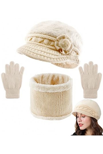 Yutdeng Tricot Béret Chapeau Écharpe et Gants pour Femme Ensemble 3 Pièces dhiver Chaud Doublure en Polaire Doux Fleurs Tric