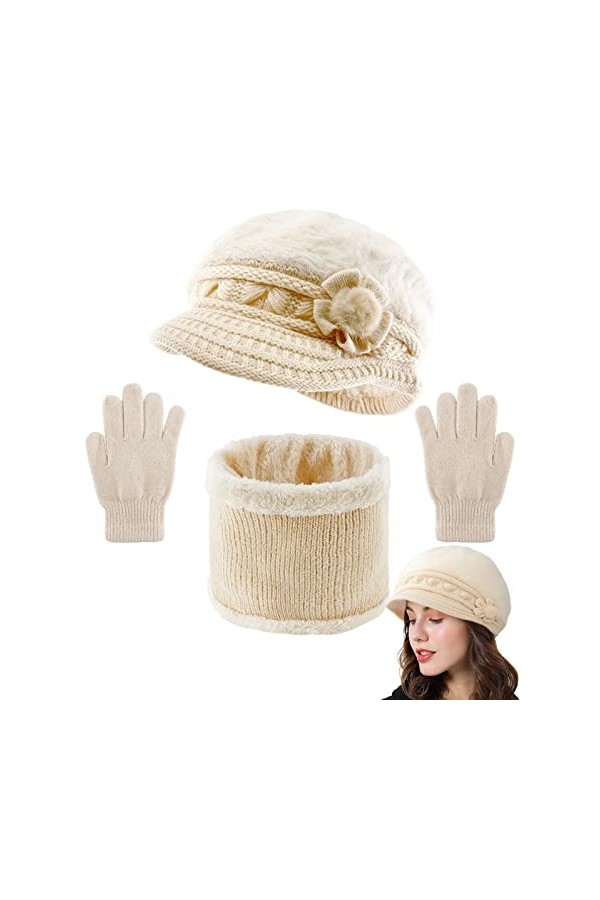 Yutdeng Tricot Béret Chapeau Écharpe et Gants pour Femme Ensemble 3 Pièces dhiver Chaud Doublure en Polaire Doux Fleurs Tric
