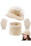 Yutdeng Tricot Béret Chapeau Écharpe et Gants pour Femme Ensemble 3 Pièces dhiver Chaud Doublure en Polaire Doux Fleurs Tric