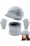 Yutdeng Tricot Béret Chapeau Écharpe et Gants pour Femme Ensemble 3 Pièces dhiver Chaud Doublure en Polaire Doux Fleurs Tric