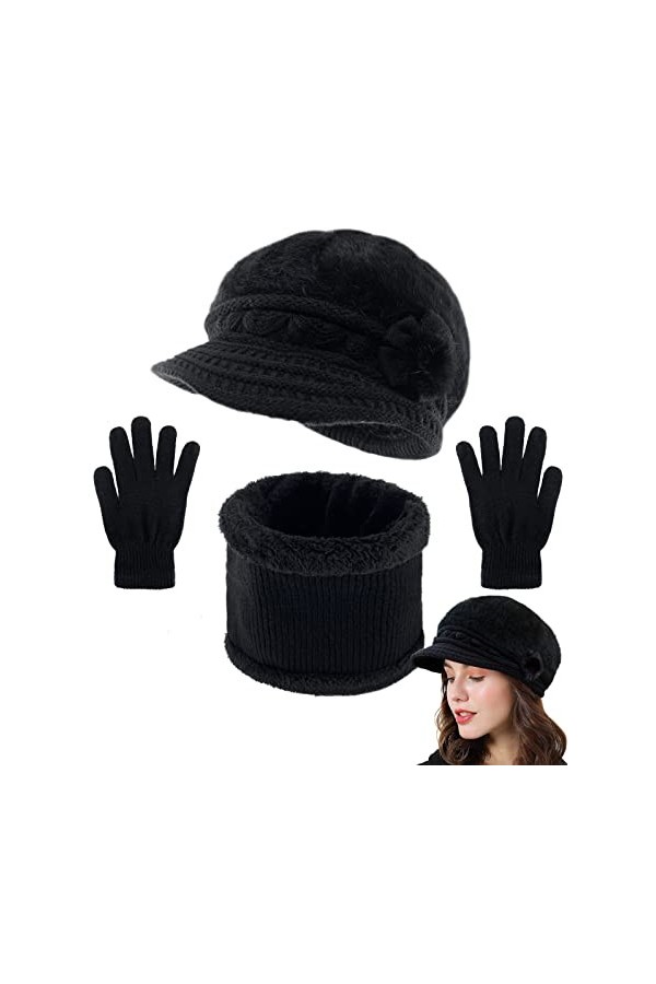 Yutdeng Tricot Béret Chapeau Écharpe et Gants pour Femme Ensemble 3 Pièces dhiver Chaud Doublure en Polaire Doux Fleurs Tric