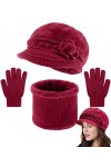 Yutdeng Tricot Béret Chapeau Écharpe et Gants pour Femme Ensemble 3 Pièces dhiver Chaud Doublure en Polaire Doux Fleurs Tric