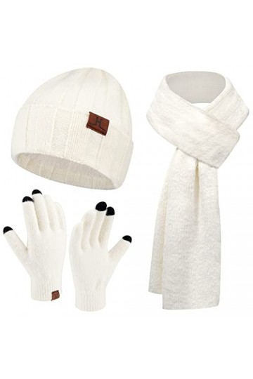 Femme Hiver Chaud Tricoter Bonnet Chapeau Gants Tactiles Longue Echarpe Ensemble avec Doublure Polaire Casquette Crâne, Blanc