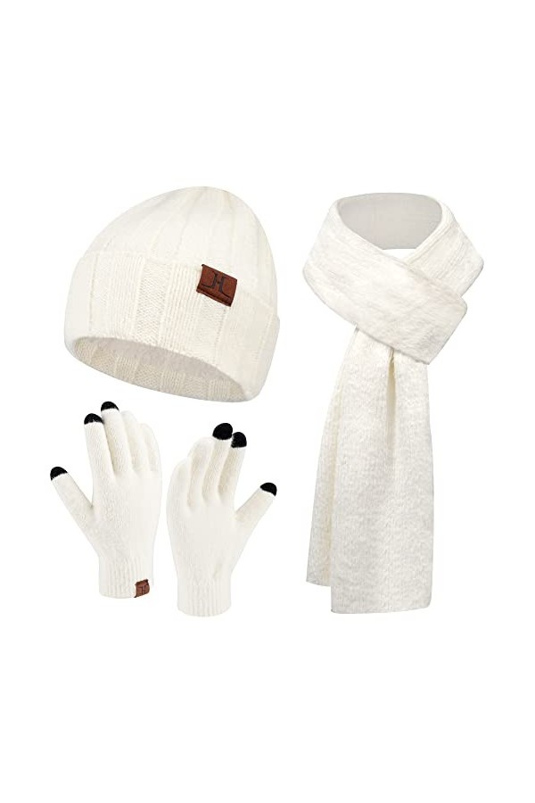 Femme Hiver Chaud Tricoter Bonnet Chapeau Gants Tactiles Longue Echarpe Ensemble avec Doublure Polaire Casquette Crâne, Blanc
