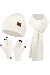 Femme Hiver Chaud Tricoter Bonnet Chapeau Gants Tactiles Longue Echarpe Ensemble avec Doublure Polaire Casquette Crâne, Blanc