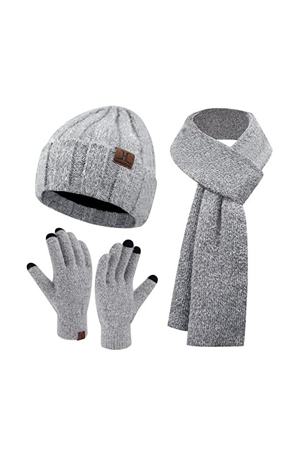 Femme Hiver Chaud Tricoter Bonnet Chapeau Gants Tactiles Longue Echarpe Ensemble avec Doublure Polaire Casquette Crâne, Blanc