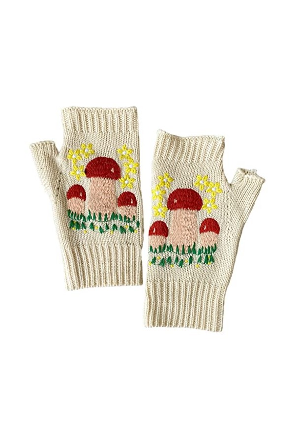 Mitaines dhiver en tricot extensible avec motif champignon, blanc, Taille Unique