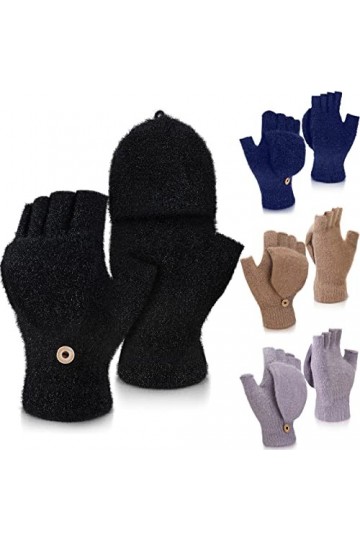 4 Paires Gants dHiver à Écran Tactile Mitaines à Rabat Chaudes Gants Tricoté sans Doigts Gris, Noir, Camel, Bleu Marine 