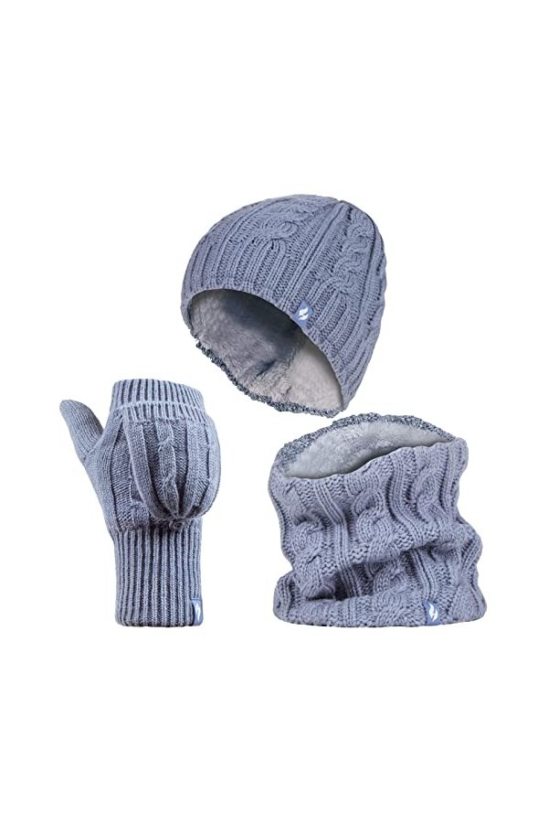 HEAT HOLDERS - Femme Polaire Thermique Tricot Bonnet, Cache-Cou et Gants sans Doigts Taille unique, Bleu Sombre