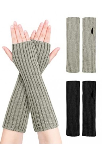 MELLIEX 2 Paires de Gants Longs sans Doigts Tricotés, Demi-Doigts Chaud Hiver Mitaine avec Trou de Pouce pour Femmes