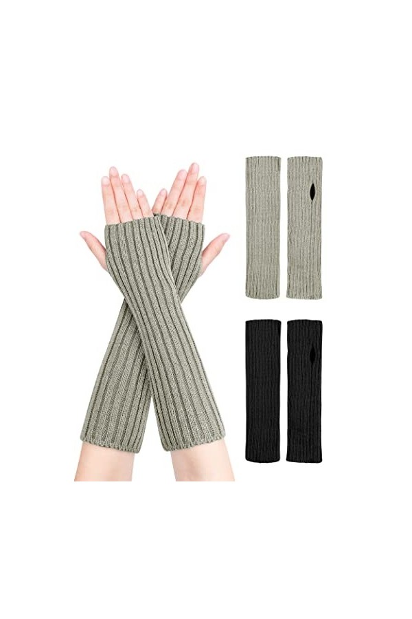 MELLIEX 2 Paires de Gants Longs sans Doigts Tricotés, Demi-Doigts Chaud Hiver Mitaine avec Trou de Pouce pour Femmes