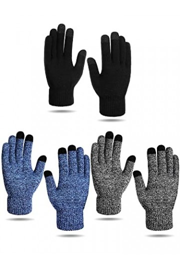 BBTO 3 Paires de Gants à Écran Tactile Gants Doublés en Polaire Gants Tricotés pour Hiver Noir, Noir Chanvre, Bleu Chanvre 
