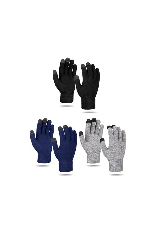 BBTO 3 Paires de Gants à Écran Tactile Gants Doublés en Polaire Gants Tricotés pour Hiver Noir, Noir Chanvre, Bleu Chanvre 