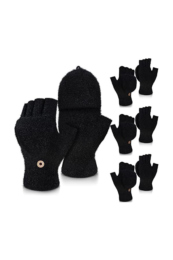 Bencailor 4 Paires Gants dhiver à Écran Tactile Mitaines à Rabat Chaudes Gants Tricoté sans Doigts Noir 