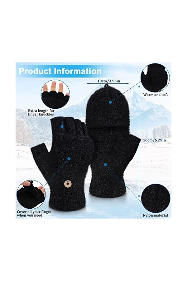 Bencailor 4 Paires Gants dhiver à Écran Tactile Mitaines à Rabat Chaudes Gants Tricoté sans Doigts Noir 