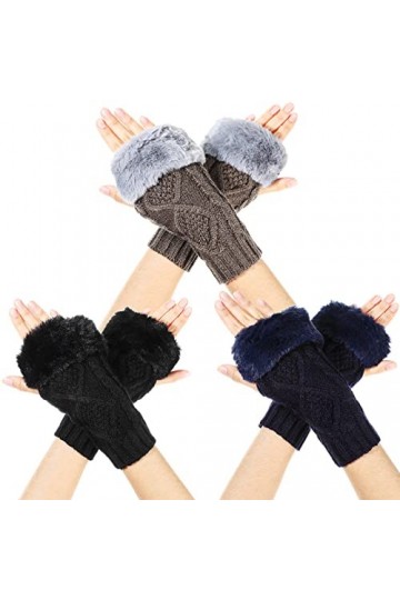 3 Paires Gants sans Doigts dHiver avec Fourrure Mitaines à Trou pour Pouce en Tricot Torsadé Manchettes Chaudes au Crochet