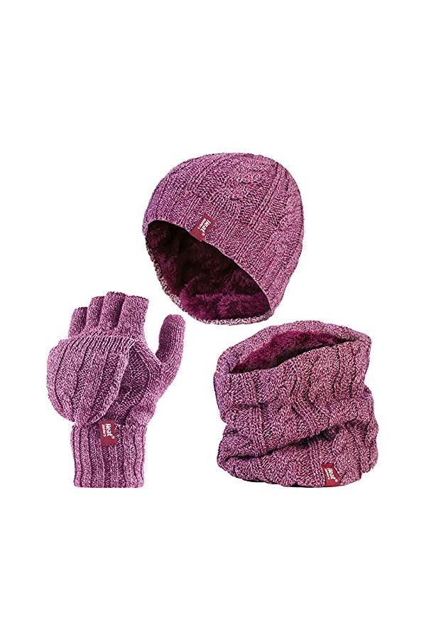 HEAT HOLDERS - Femme Polaire Thermique Tricot Bonnet, Cache-Cou et Gants sans Doigts Taille unique, Bleu Sombre 