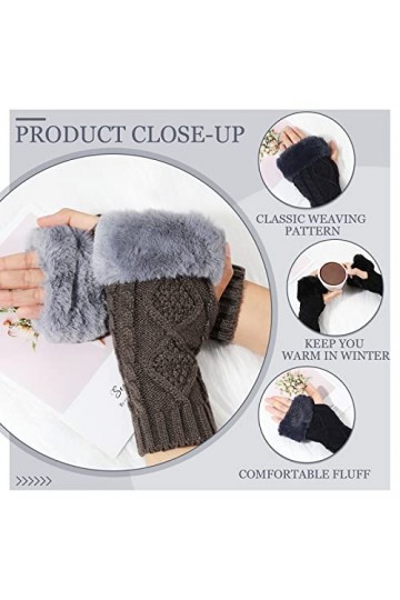 3 Paires Gants sans Doigts dHiver avec Fourrure Mitaines à Trou pour Pouce en Tricot Torsadé Manchettes Chaudes au Crochet