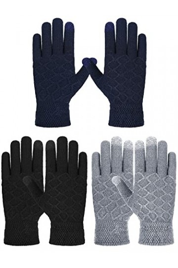 SATINIOR 3 Paires Gants dHiver Tricotés en Fausse Fourrure de Vison pour Textos Noir, Marine, Gris Clair, Style Délicat 