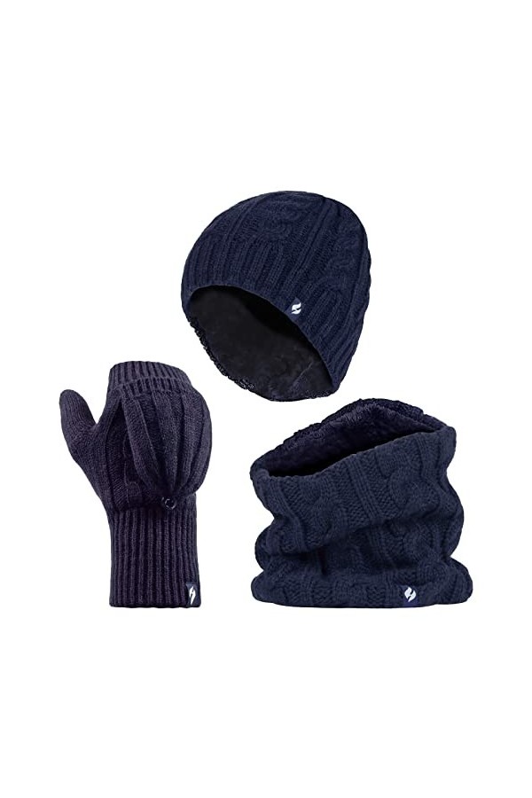HEAT HOLDERS - Femme Polaire Thermique Tricot Bonnet, Cache-Cou et Gants sans Doigts Taille unique, Bleu Sombre 