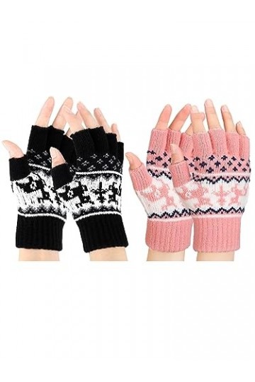 SATINIOR 2 Paires Mitaines sans Doigts Demi-Doigt Gants Tricotés Chauds Gants de Dactylographie Extensibles Noir, Rose 