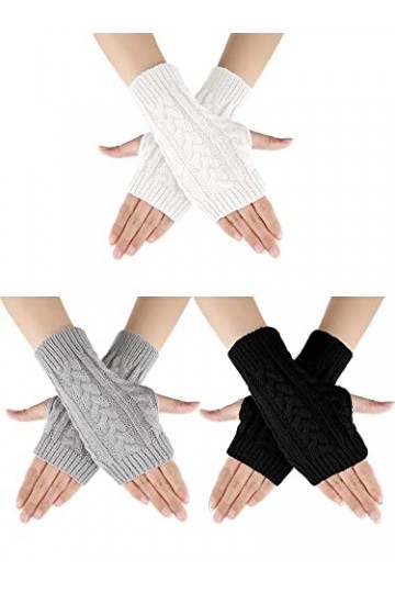 3 Paires Gants sans Doigts Hiver Chauffe-Bras Manchettes à Trou de Pouce en Tricot à la Main par Temps Froid Classique 