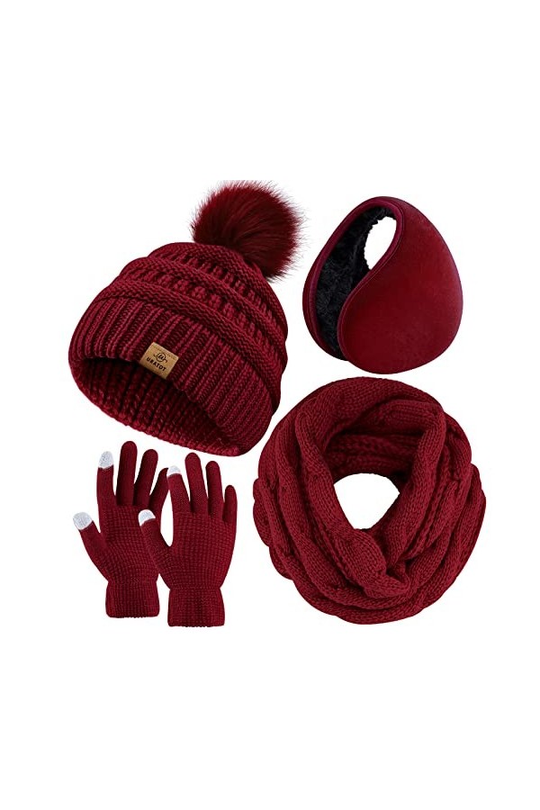 URATOT Ensemble dhiver chaud en tricot avec écharpe, bonnet, pompon, bonnet, gants pour écran tactile et cache-oreilles pour