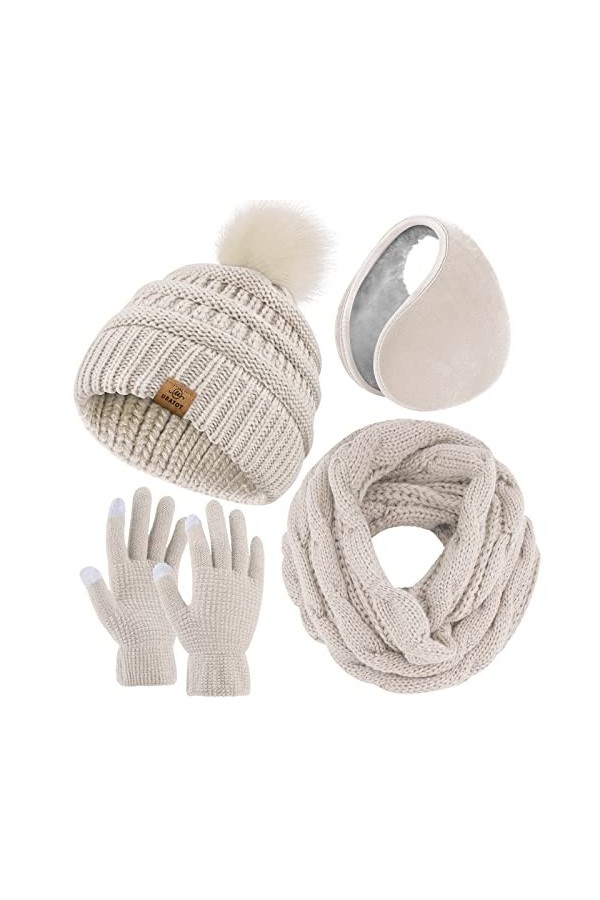 URATOT Ensemble dhiver chaud en tricot avec écharpe, bonnet, pompon, bonnet, gants pour écran tactile et cache-oreilles pour