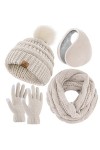 URATOT Ensemble dhiver chaud en tricot avec écharpe, bonnet, pompon, bonnet, gants pour écran tactile et cache-oreilles pour