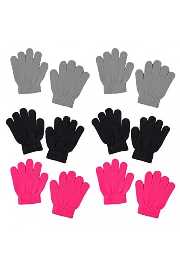 Haveratio 6 Paires Enfants Hiver tricoté Gants complets néon Couleur Unie Mitaines Chaudes 2 Noir + 2 Gris + 2 Rose Rouge