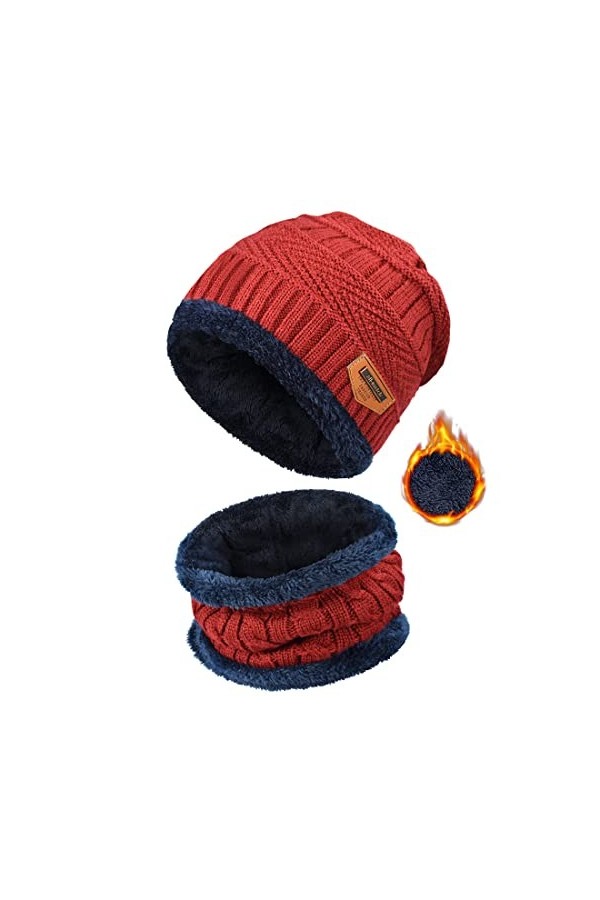 heekpek 2 Pièces Chaud Bonnet Chapeau Écharpe Tricot et Tour de Cou avec Doublure Polaire Ensemble Bonnet Echarpe Homme Femme
