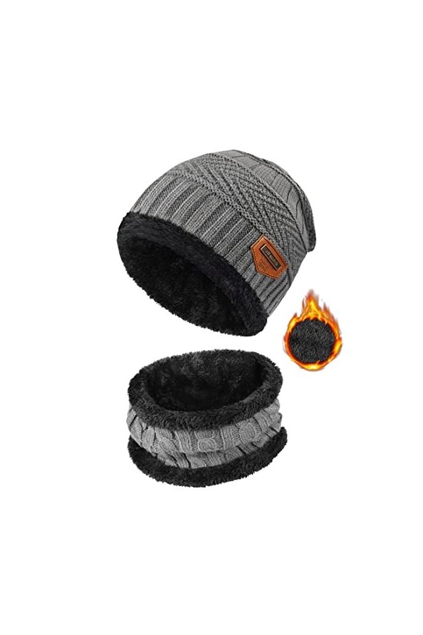 heekpek 2 Pièces Chaud Bonnet Chapeau Écharpe Tricot et Tour de Cou avec Doublure Polaire Ensemble Bonnet Echarpe Homme Femme