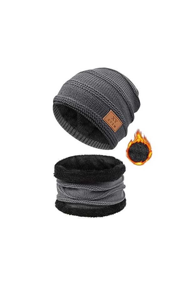 heekpek 2 Pièces Chaud Bonnet Chapeau Écharpe Tricot et Tour de Cou avec Doublure Polaire Ensemble Bonnet Echarpe Homme Femme