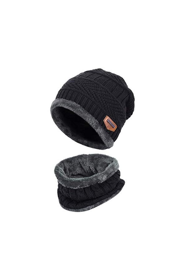 HIDARLING Chaud Bonnet Tricot et Tour de Cou avec Doublure Polaire unisexe Bonnet Hiver et écharpe pour le ski Noir 
