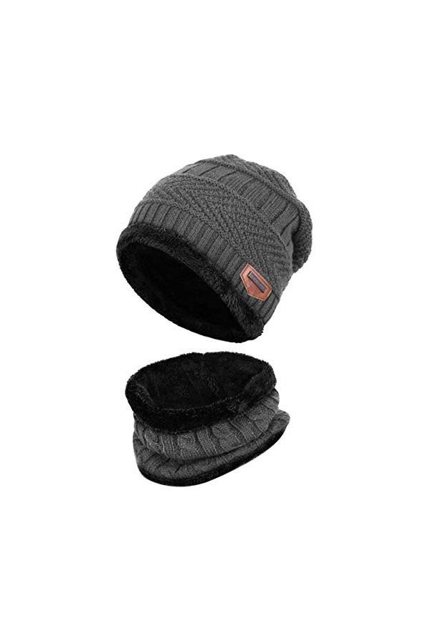 HIDARLING Chaud Bonnet Tricot et Tour de Cou avec Doublure Polaire unisexe Bonnet Hiver et écharpe pour le ski Noir 