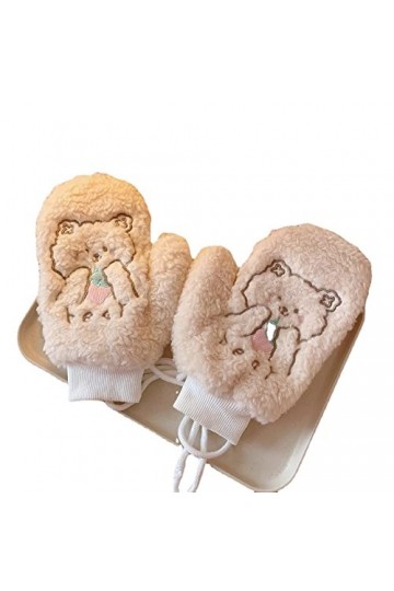 Gants en peluche Kawaii avec motif ours mignon brodé, mitaines pelucheuses doublées Sherpa pour lhiver, Kakhi., Taille Uniqu