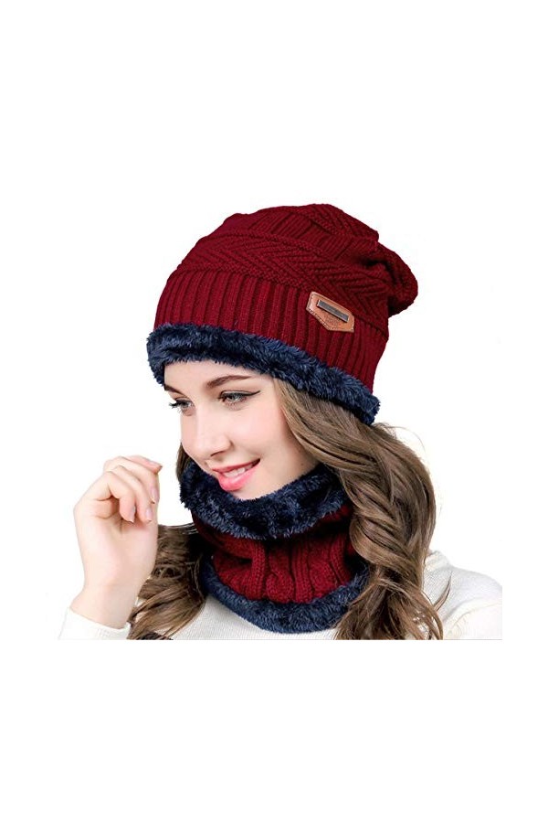 HIDARLING Chaud Bonnet Tricot et Tour de Cou avec Doublure Polaire unisexe Bonnet Hiver et écharpe pour le ski Noir 