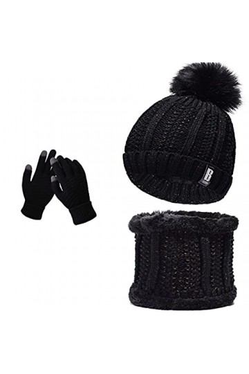 Ensemble bonnet dhiver 5 pièces - Bonnet tricoté chaud en peluche - Cache-oreilles avec gants pour écran tactile - Chaussett