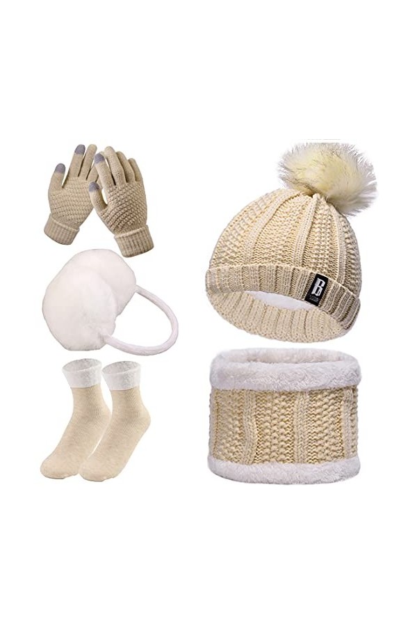 Ensemble bonnet dhiver 5 pièces - Bonnet tricoté chaud en peluche - Cache-oreilles avec gants pour écran tactile - Chaussett
