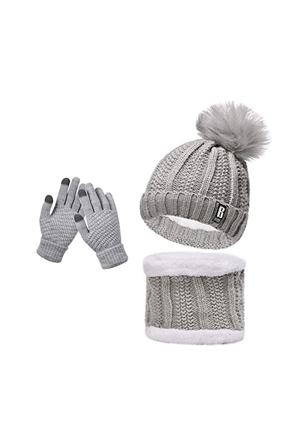Ensemble bonnet dhiver 5 pièces - Bonnet tricoté chaud en peluche - Cache-oreilles avec gants pour écran tactile - Chaussett