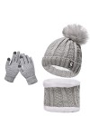 Ensemble bonnet dhiver 5 pièces - Bonnet tricoté chaud en peluche - Cache-oreilles avec gants pour écran tactile - Chaussett