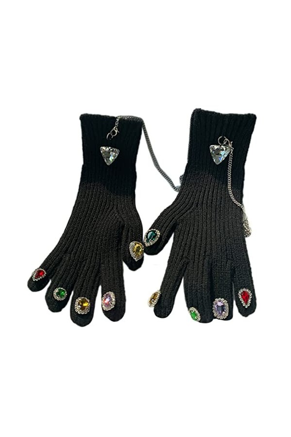 KieTeiiK Gants tricotés épais pour femme avec strass et chaîne anti-perte - Chaud pour lhiver