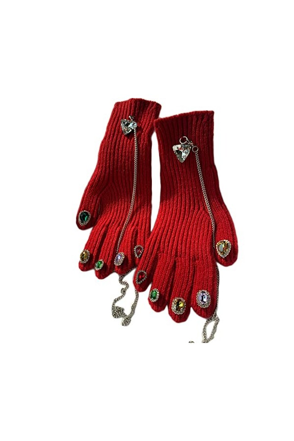 KieTeiiK Gants tricotés épais pour femme avec strass et chaîne anti-perte - Chaud pour lhiver