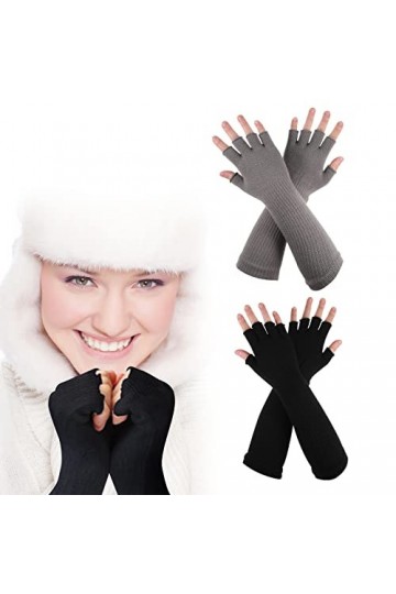 Lot de 2 paires de mitaines chaudes pour femme - Mitaines dhiver thermiques tricotées - Mitaines thermiques longues en trico