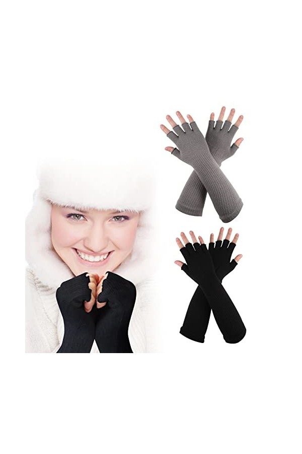 Lot de 2 paires de mitaines chaudes pour femme - Mitaines dhiver thermiques tricotées - Mitaines thermiques longues en trico